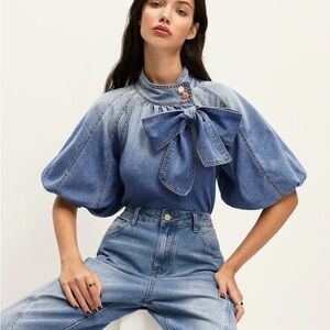 Commence Blue Denim Blouse with Bow & Puff Sleeves